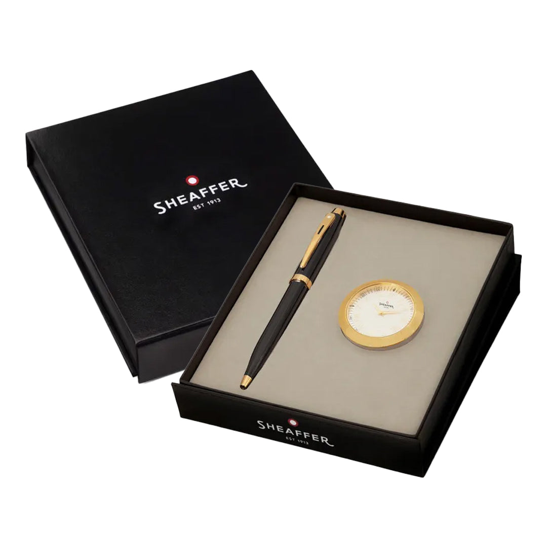 Sheaffer 100 Ballpoint Pen and Table Clock Gift Set Glossy Black Gold Trim - Retail Maharaj