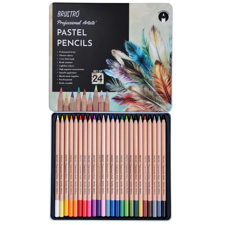 BRUSTRO Artists Pastel Pencils Set of 24 Shades with 4mm Lead for Drawing and Shading - Retail Maharaj