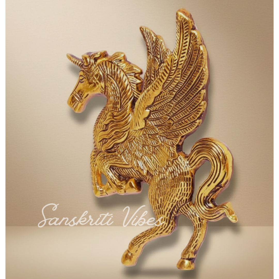 Golden Oxidized Flying Horse Metal Statue for Wealth Decorative Showpiece - Retail Maharaj