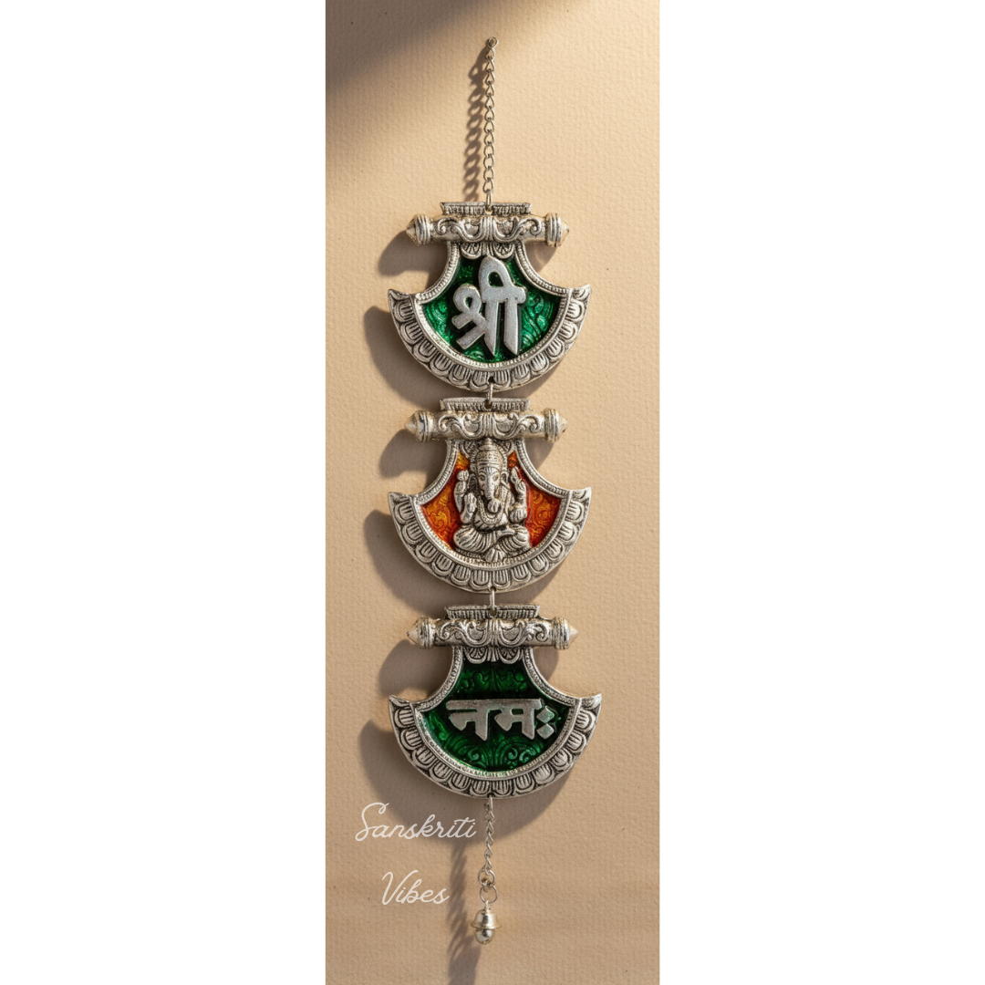 Shri Ganesha Namah Wall Hanging – Silver Plated White Metal Decorative Ganesh Farsa Design for Home Decor & Corporate Gifting