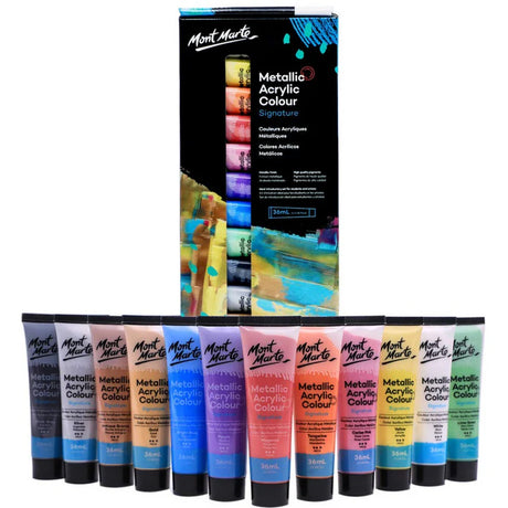 Mont Marte Metallic Signature Acrylic Paint Set 12 Tubes 36ml Each - Retail Maharaj