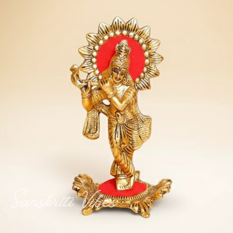 Handcrafted Lord Krishna Standing Playing Flute Gold Statue for Pooja Room and Home Decoration Aluminium Glossy Finish Idol - Retail Maharaj