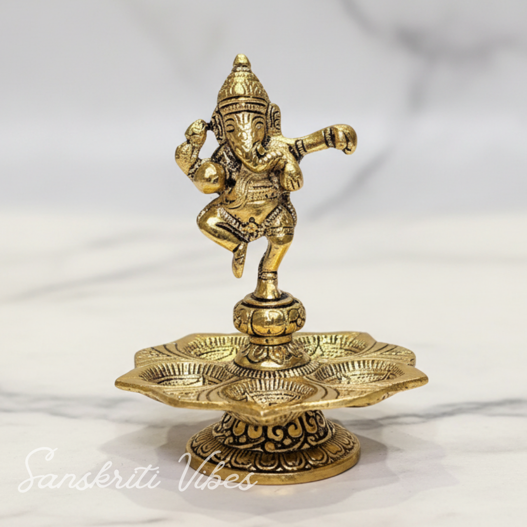 Metal Panch Mukhi Diya Gold Plated with Dancing Ganesha Idols 5 Batti Diya for Home and Office Pooja Room Decoration - Retail Maharaj