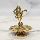 Metal Panch Mukhi Diya Gold Plated with Dancing Ganesha Idols 5 Batti Diya for Home and Office Pooja Room Decoration - Retail Maharaj