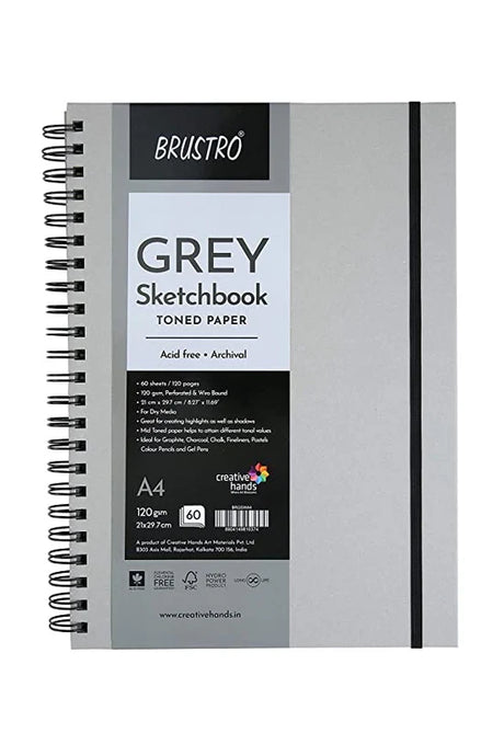 Brustro A4 Grey Toned Paper Sketchbook Wiro Bound 120 GSM 60 Sheets - Retail Maharaj