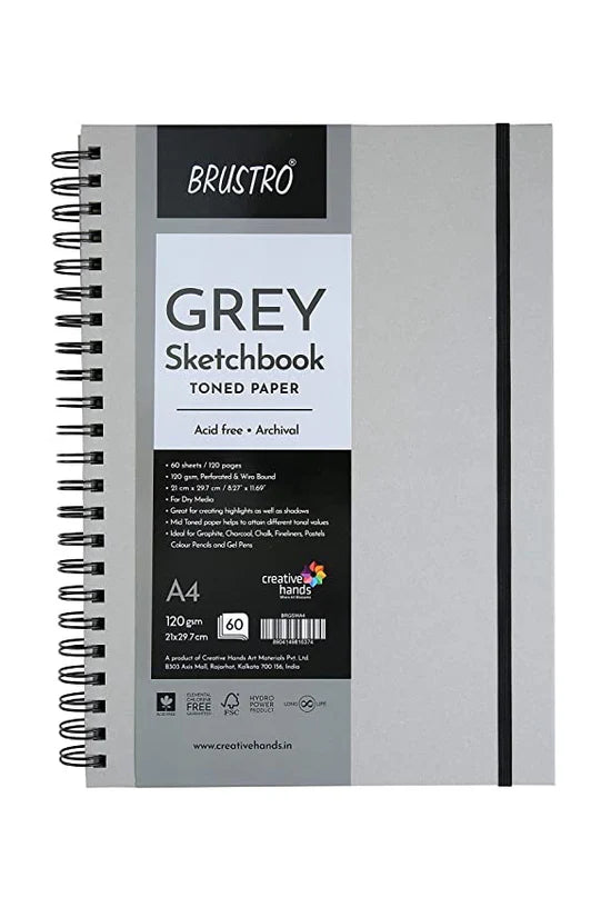 Brustro A4 Grey Toned Paper Sketchbook Wiro Bound 120 GSM 60 Sheets - Retail Maharaj