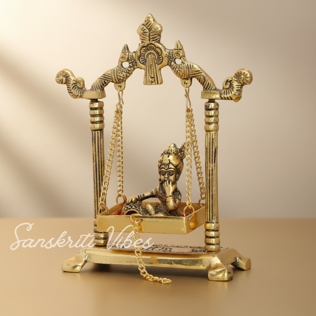 Laddu Gopal Jhula Palana Metal Statue – Gold-Plated Krishna Murti for Home & Office Decor, Religious Gift Idol - Retail Maharaj