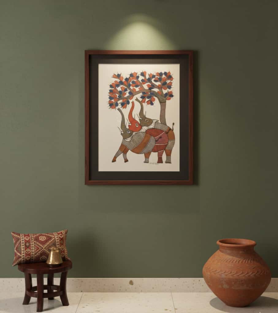 Authentic Gond Painting – Affectionate Elephants Under Tree Tribal Art (11 × 15 Inch)