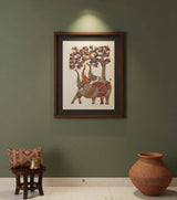 Authentic Gond Painting – Affectionate Elephants Under Tree Tribal Art (11 × 15 Inch)