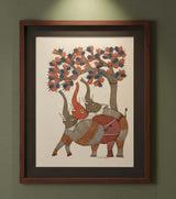 Authentic Gond Painting – Affectionate Elephants Under Tree Tribal Art (11 × 15 Inch)