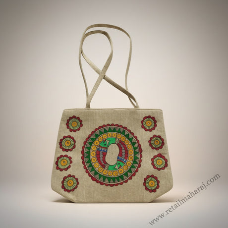 Handmade Jute Handbag with Madhubani Art | Eco-friendly Folk Art Tote Bag - Retail Maharaj