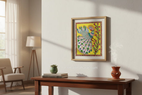 Handmade Madhubani Painting - Peacock on a Branch | Indian Folk Art on Salita Cloth - Retail Maharaj