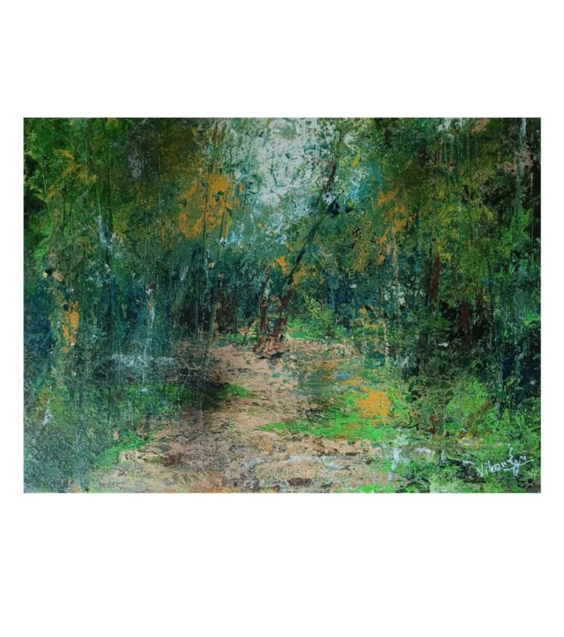Premium Original Abstract Landscape Art – Forest Veil And Aqua Light by Vikram Kumar Mukherjee