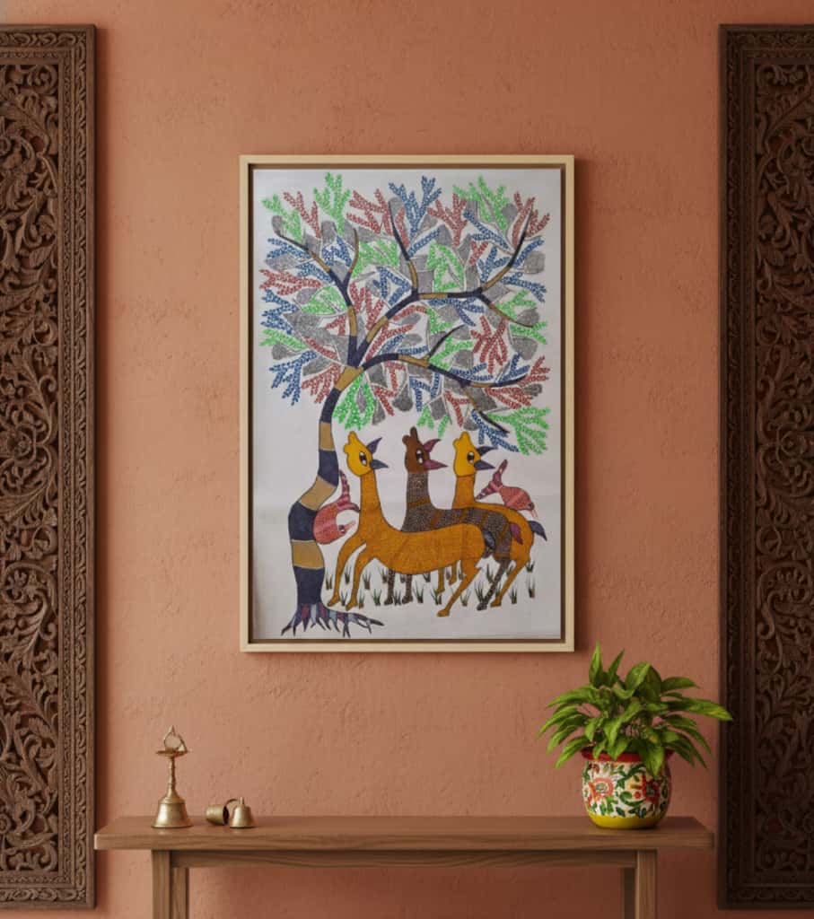 Authentic Gond Painting – Tribal Art With Deer & Tree Motif (36 × 24 Inch)