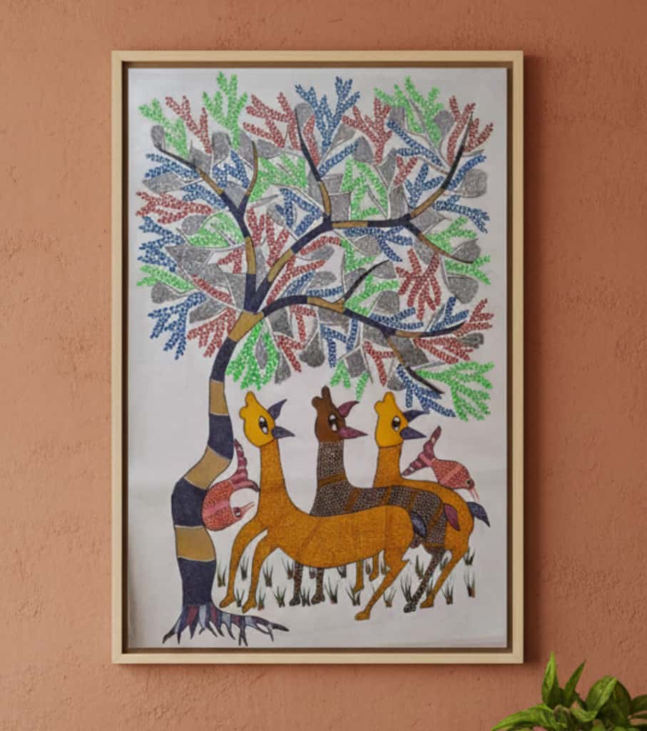 Authentic Gond Painting – Tribal Art With Deer & Tree Motif (36 × 24 Inch)