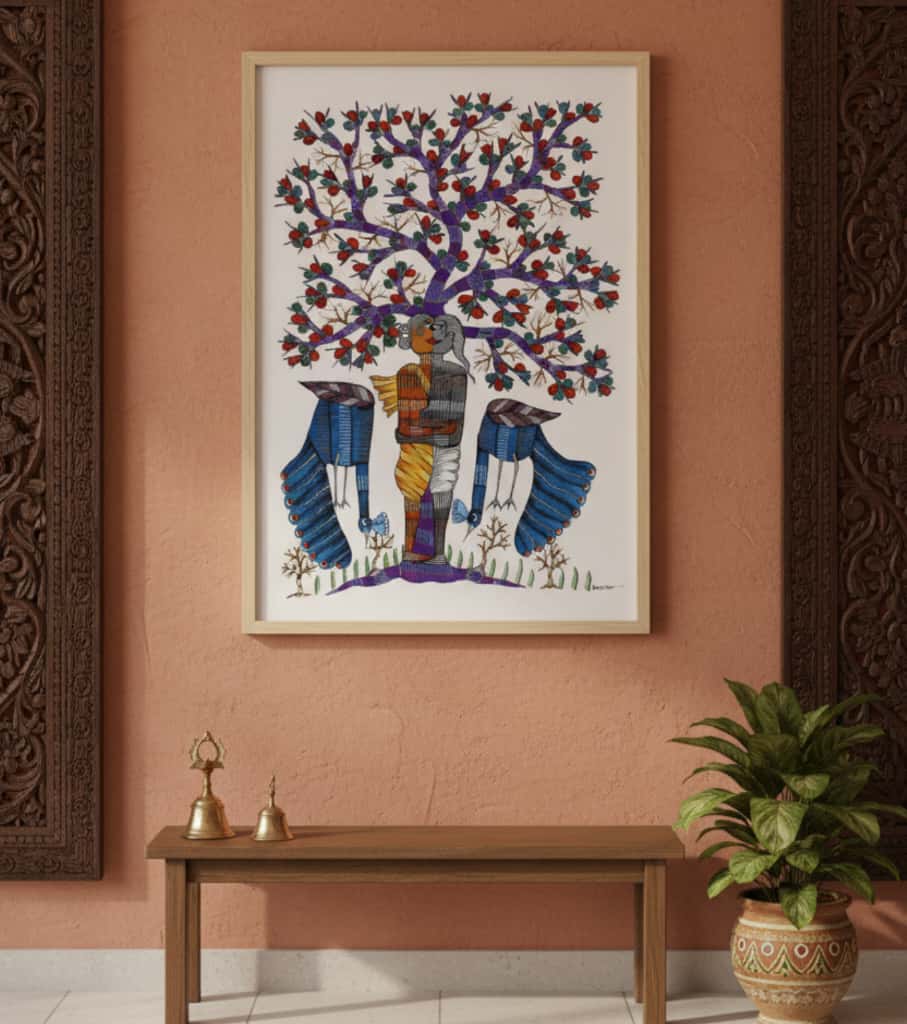 Authentic Gond Painting – Tree of Life with Guardian Birds Tribal Art (36 × 24 Inch)