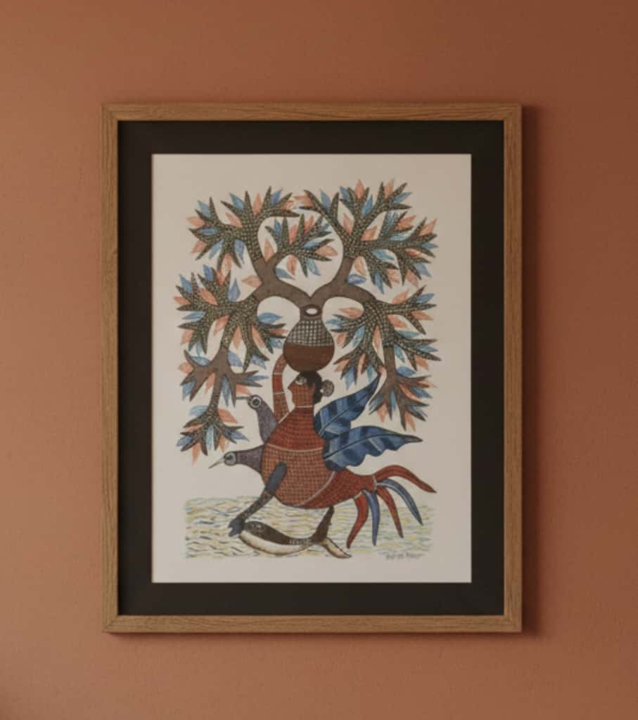 Authentic Gond Painting – Mythical Bird Woman With Pot Handmade Tribal Folk Art (11 × 15 Inch)