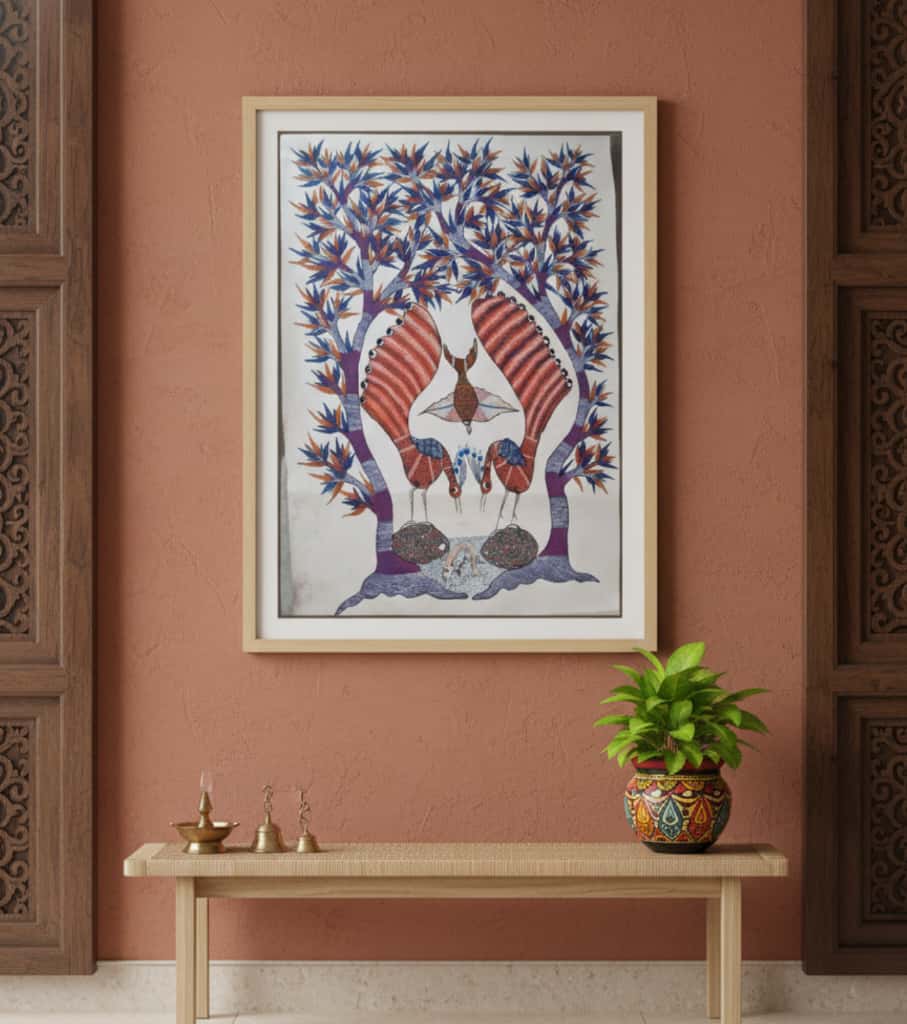 Authentic Gond Painting – Mythical Birds with Tree of Life Handmade Tribal Folk Art (11 × 15 Inch)