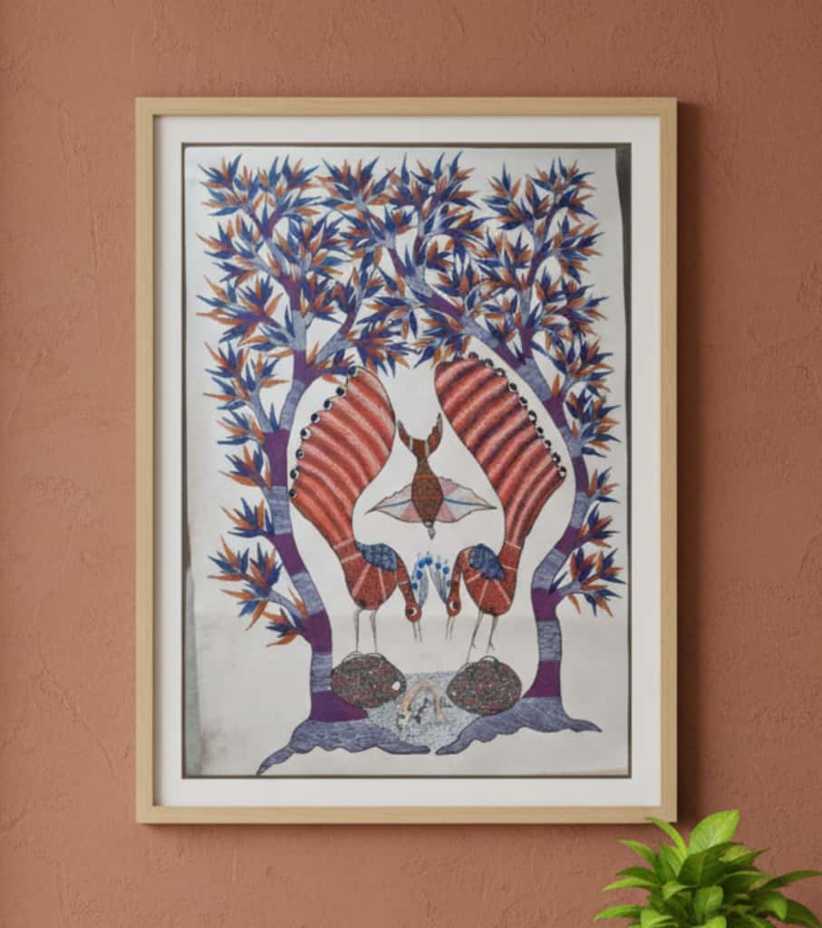 Authentic Gond Painting – Mythical Birds with Tree of Life Handmade Tribal Folk Art (11 × 15 Inch)