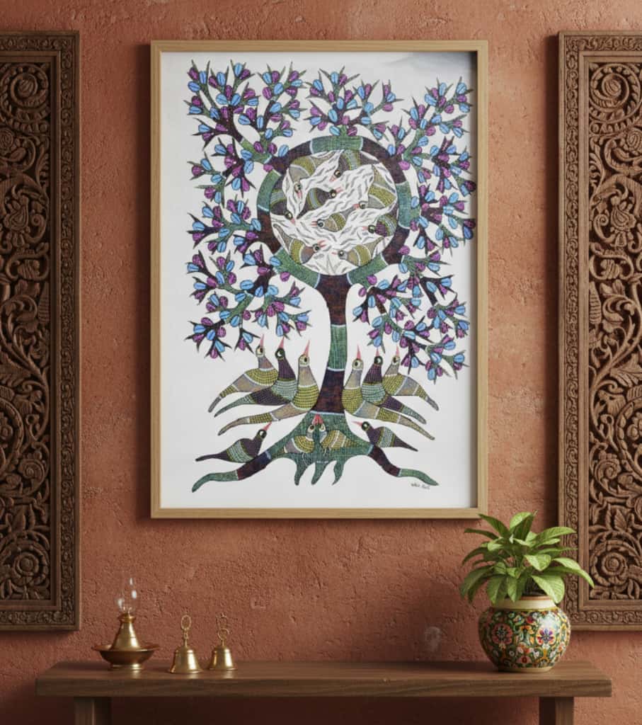 Authentic Gond Painting – Avian Tree Of Life Handmade Tribal Art with Circle of Birds (36 × 24 Inch)