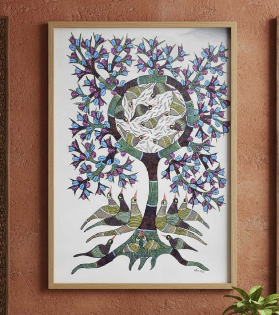 Authentic Gond Painting – Avian Tree Of Life Handmade Tribal Art with Circle of Birds (36 × 24 Inch)