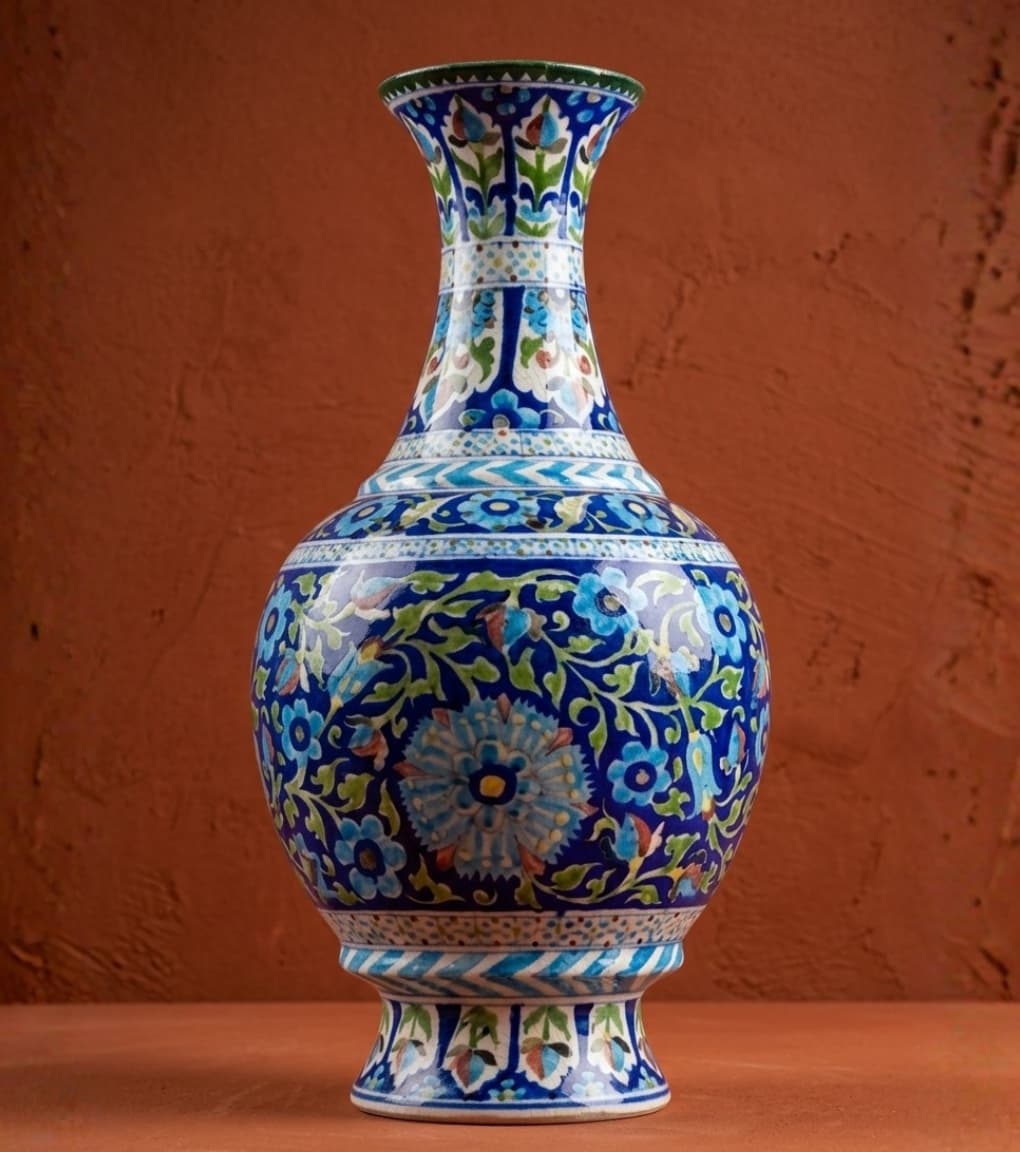 Grand Azure Lattice Hand-Painted Jaipur Blue Pottery Statement Vase (20 Inch)