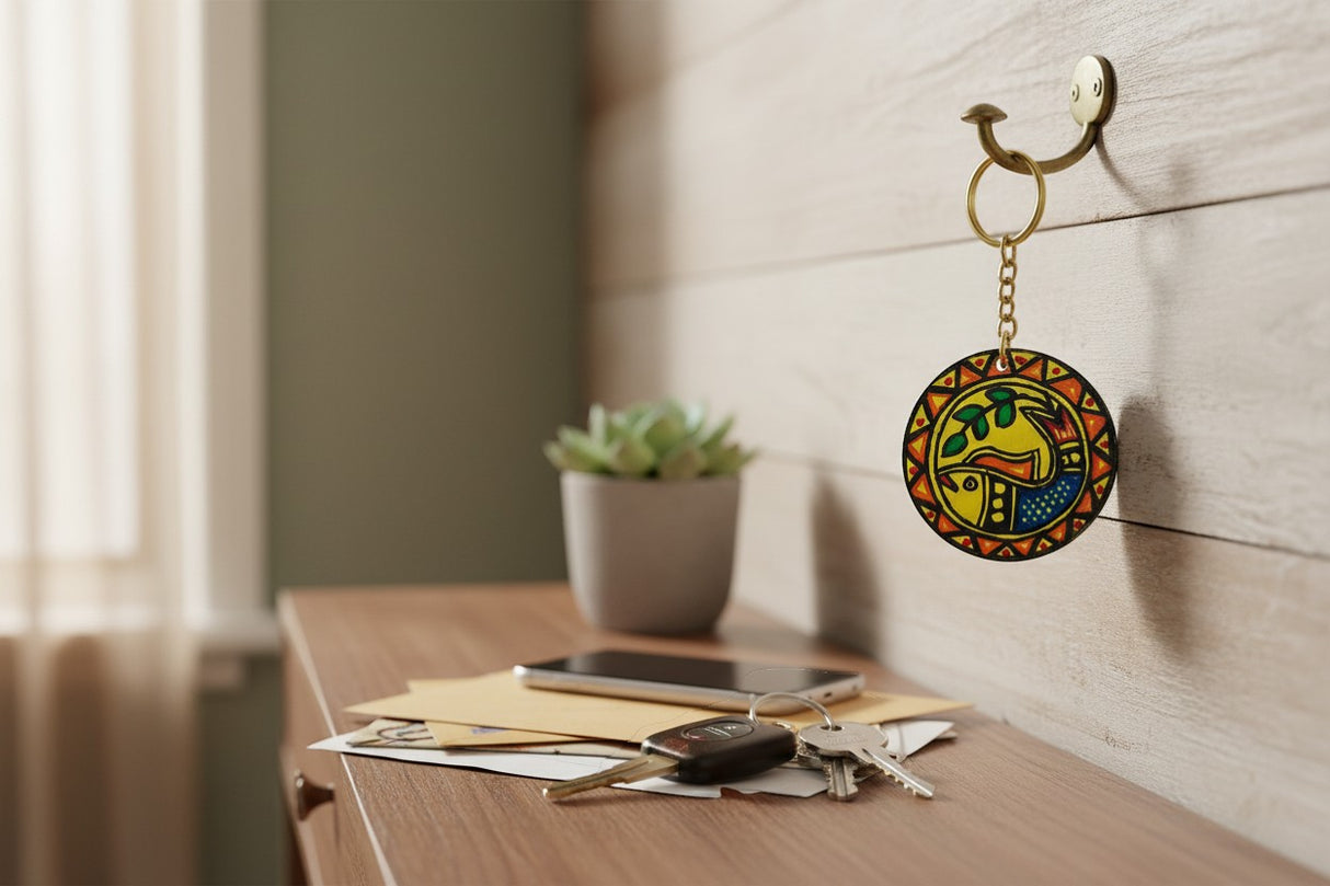 Handmade Madhubani Key Ring – MDF Mithila Art Keychain | Indian Folk Art Accessory - Retail Maharaj