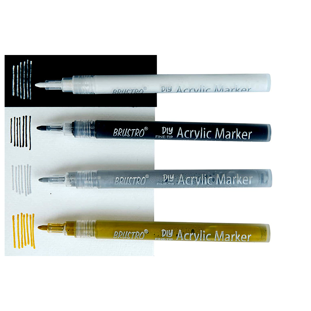Brustro Acrylic DIY Fine Tip Marker Set of 4 0.8mm Waterproof UV Resistant Acrylic Paint Markers for Art Craft Multi Surface Use - Retail Maharaj