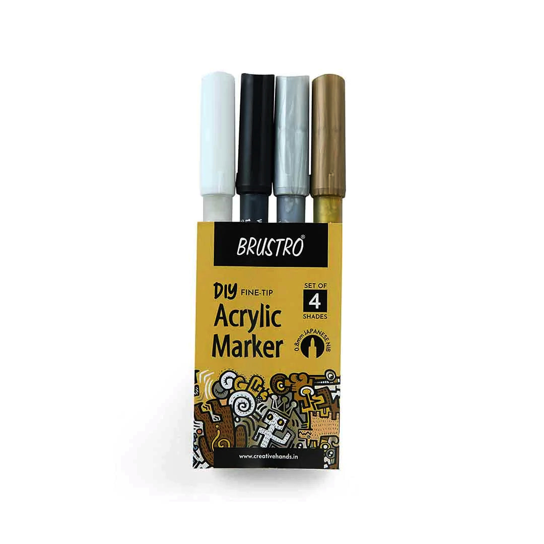 Brustro Acrylic DIY Fine Tip Marker Set of 4 0.8mm Waterproof UV Resistant Acrylic Paint Markers for Art Craft Multi Surface Use - Retail Maharaj