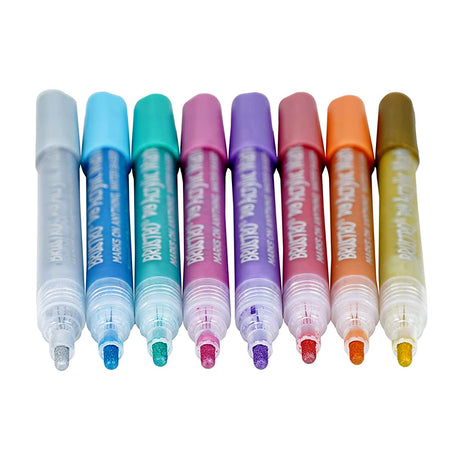 Brustro Acrylic DIY Marker Set of 8 Metallic Shades with 2mm Bullet Tip for Art Craft and Multi Surface Use - Retail Maharaj