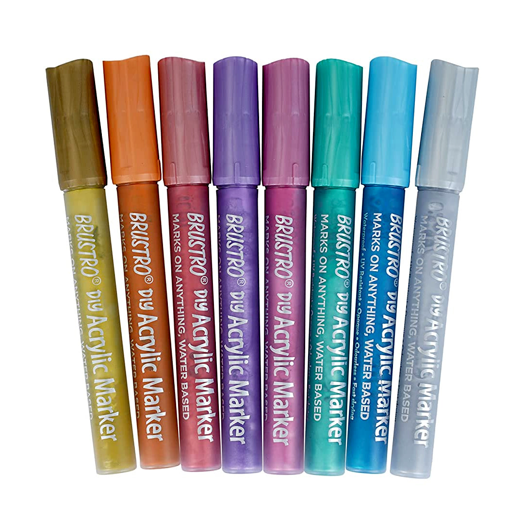 Brustro Acrylic DIY Marker Set of 8 Metallic Shades with 2mm Bullet Tip for Art Craft and Multi Surface Use - Retail Maharaj