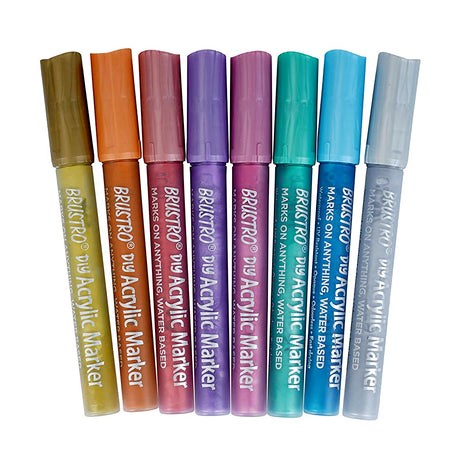 Brustro Acrylic DIY Marker Set of 8 Metallic Shades with 2mm Bullet Tip for Art Craft and Multi Surface Use - Retail Maharaj