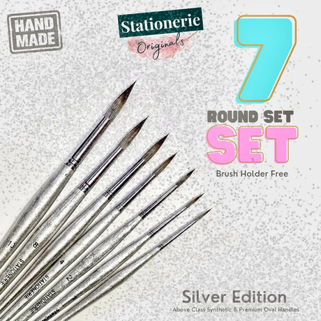 Retail Maharaj Handmade Synthetic Round Brush Set of 7 Metallic Silver - Retail Maharaj
