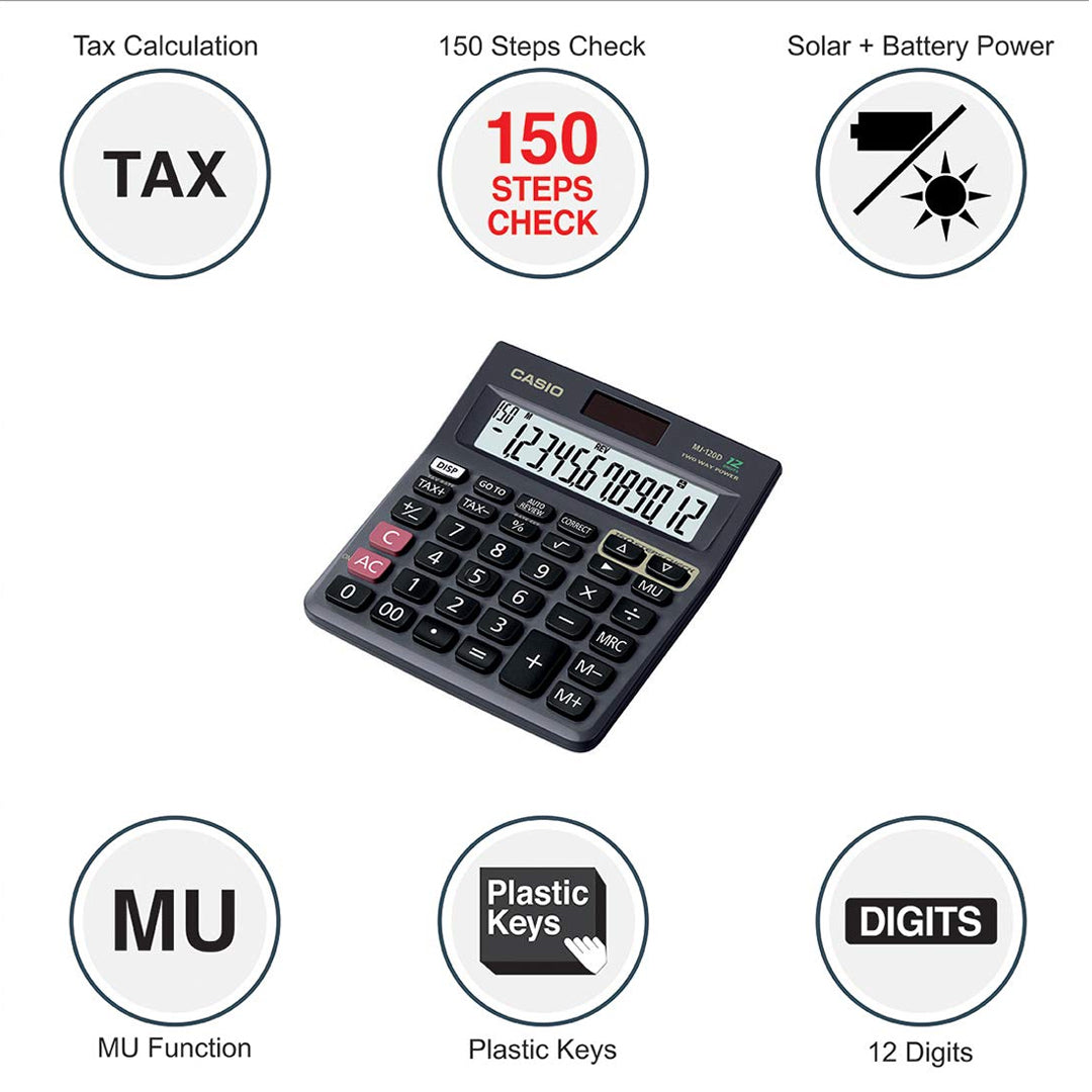 Casio MJ 120D Desktop Calculator with Tax Keys Dual Power - Retail Maharaj