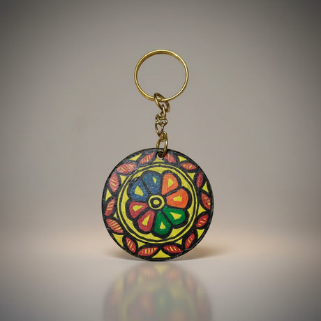 Handmade Madhubani Key Ring – MDF Mithila Art Keychain | Indian Folk Art Accessory - Retail Maharaj