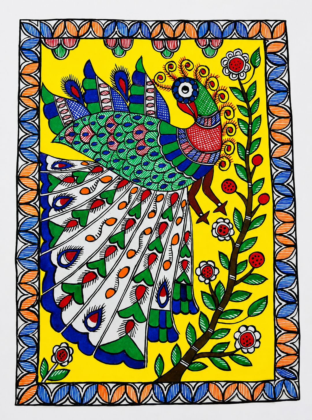 Handmade Madhubani Painting – Peacock on a Branch | Mithila Art Traditional Indian Folk Wall Decor