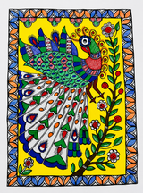 Handmade Madhubani Painting – Peacock on a Branch | Mithila Art Traditional Indian Folk Wall Decor