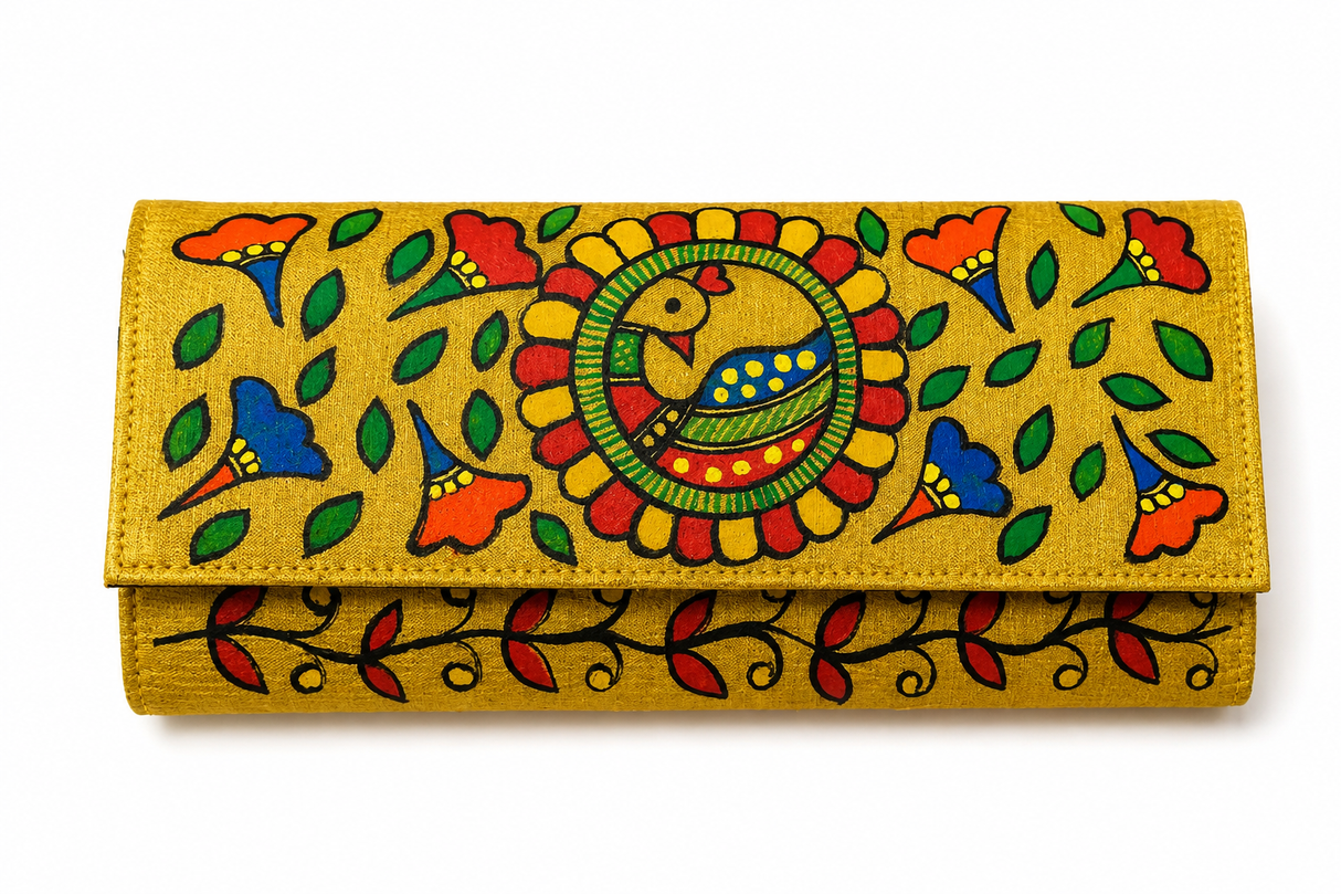 Handmade Madhubani Golden color clutch-2 | Mithila Art Ethnic Handbag Traditional Indian Accessory