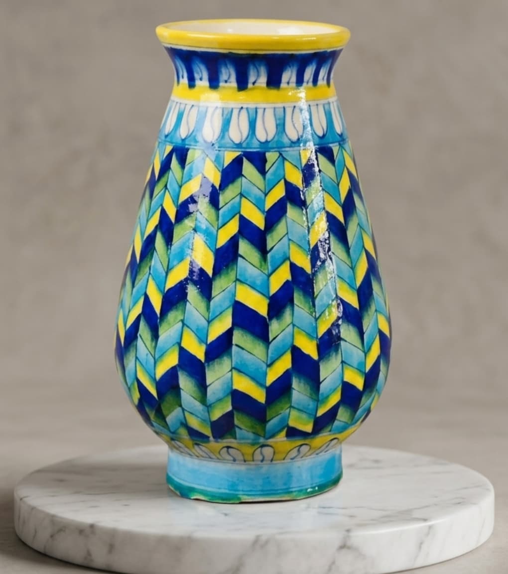 Chevron Citrine Hand-Painted Jaipur Blue Pottery Bud Vase (12 Inch)