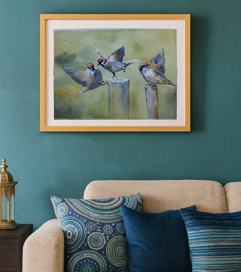 Chirp Circle Original Watercolour Birdscape Painting by Ranjan Kurmi (A4 Size)