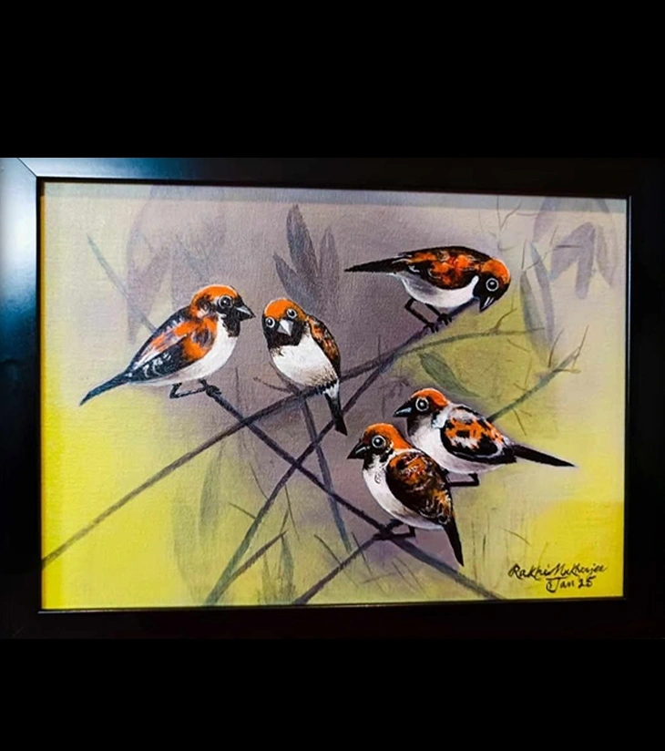 Chirping Harmony – Handcrafted Acrylic Canvas Painting by Rakhi Mukherjee (18 × 14 Inch)
