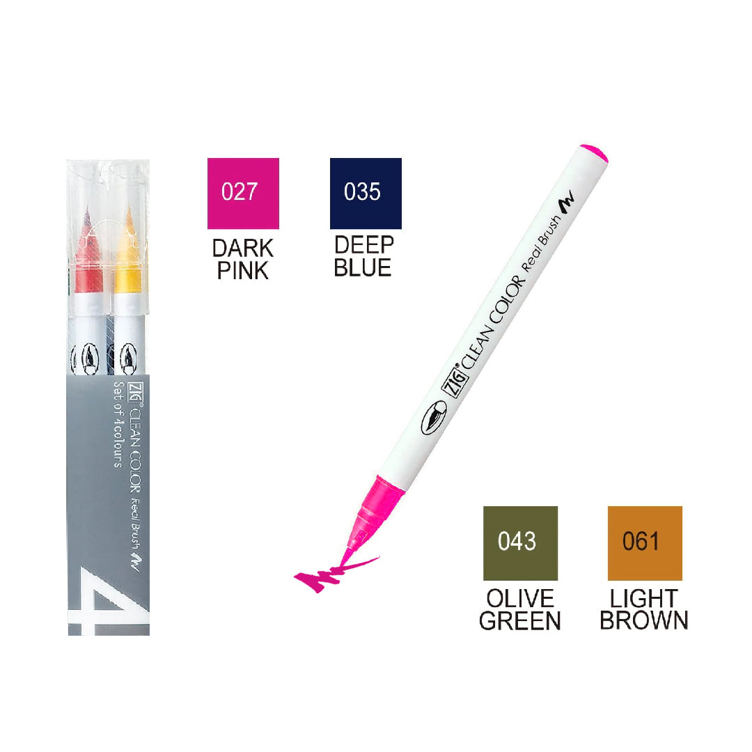 Kuretake ZIG Clean Color Real Brush Watercolour Pen Set of 4 Colours - Retail Maharaj