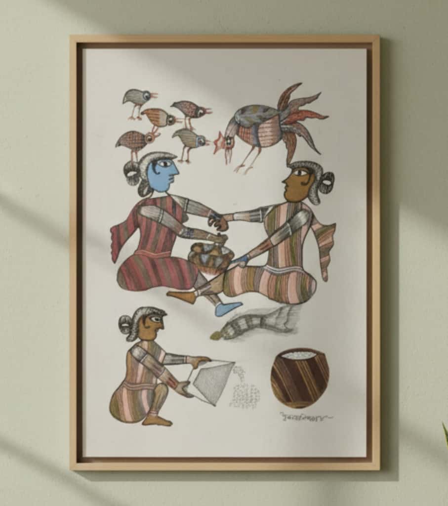 Authentic Gond Painting – Tribal Community & Daily Life Folk Art (11 × 15 Inch)