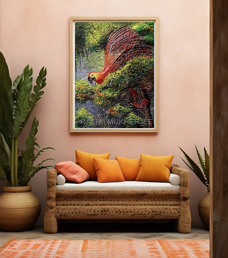 Crimson Flight – Original Textured Acrylic Canvas Painting by Rakhi Mukherjee (14 × 18 Inch)