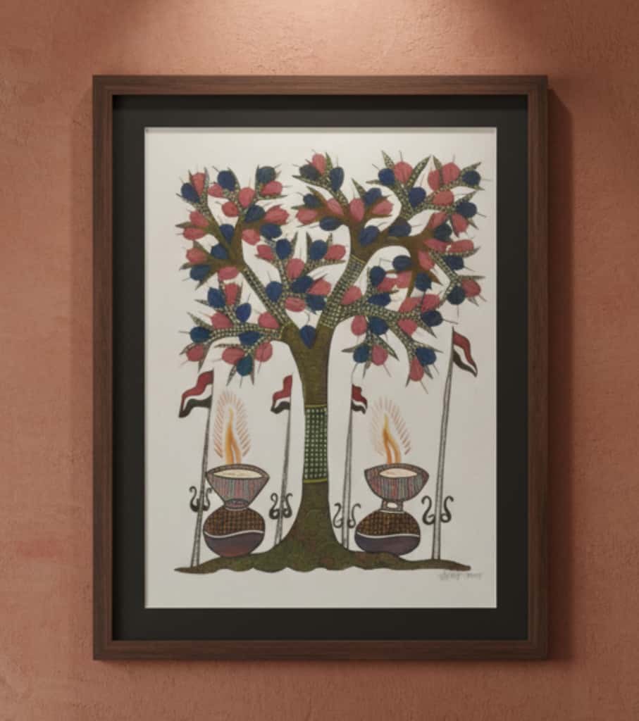 Authentic Handmade Gond Painting – Diwali Diyas & Tree of Worship Tribal Art (11 × 15 Inch)