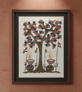 Authentic Handmade Gond Painting – Diwali Diyas & Tree of Worship Tribal Art (11 × 15 Inch)