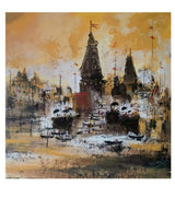 Premium Original Indian Heritage Art – Holy Steps at Dusk by Vikram Kumar Mukherjee (14"x14" Acrylic Impasto Painting)