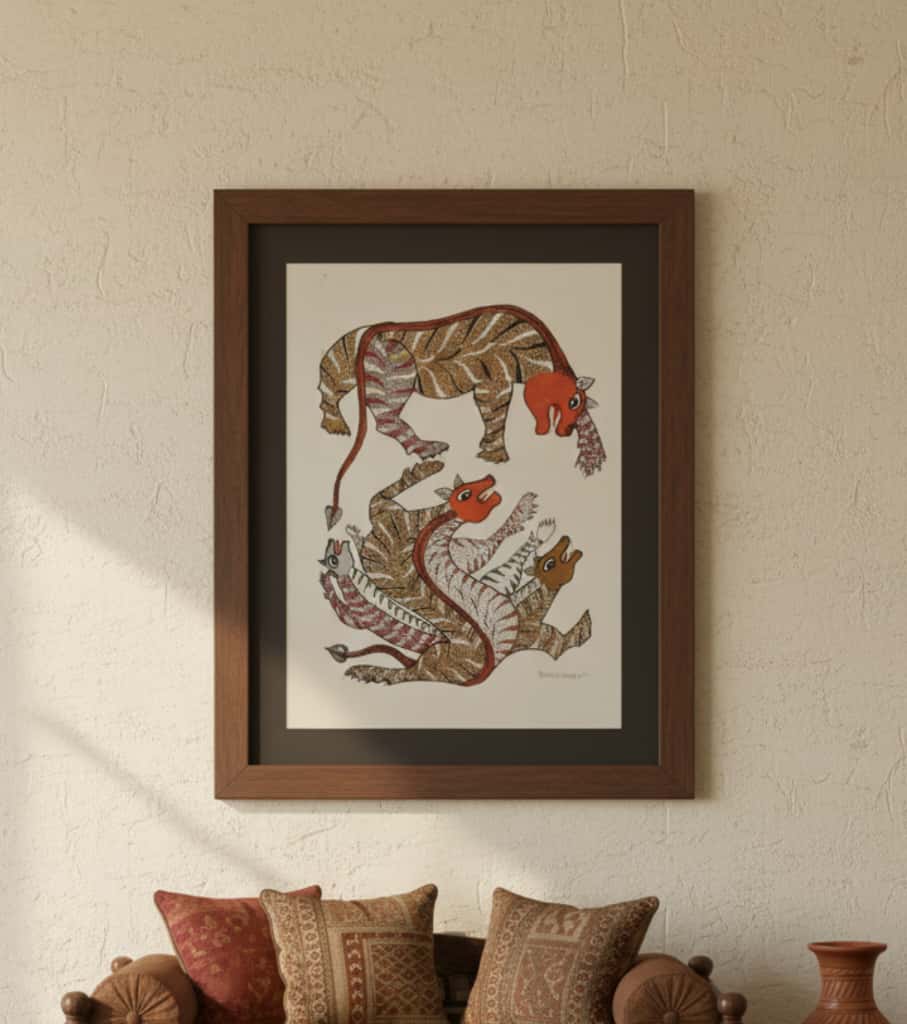 Authentic Gond Painting – Dynamic Tiger-Striped Mythical Creatures Folk Art (11 × 15 Inch)