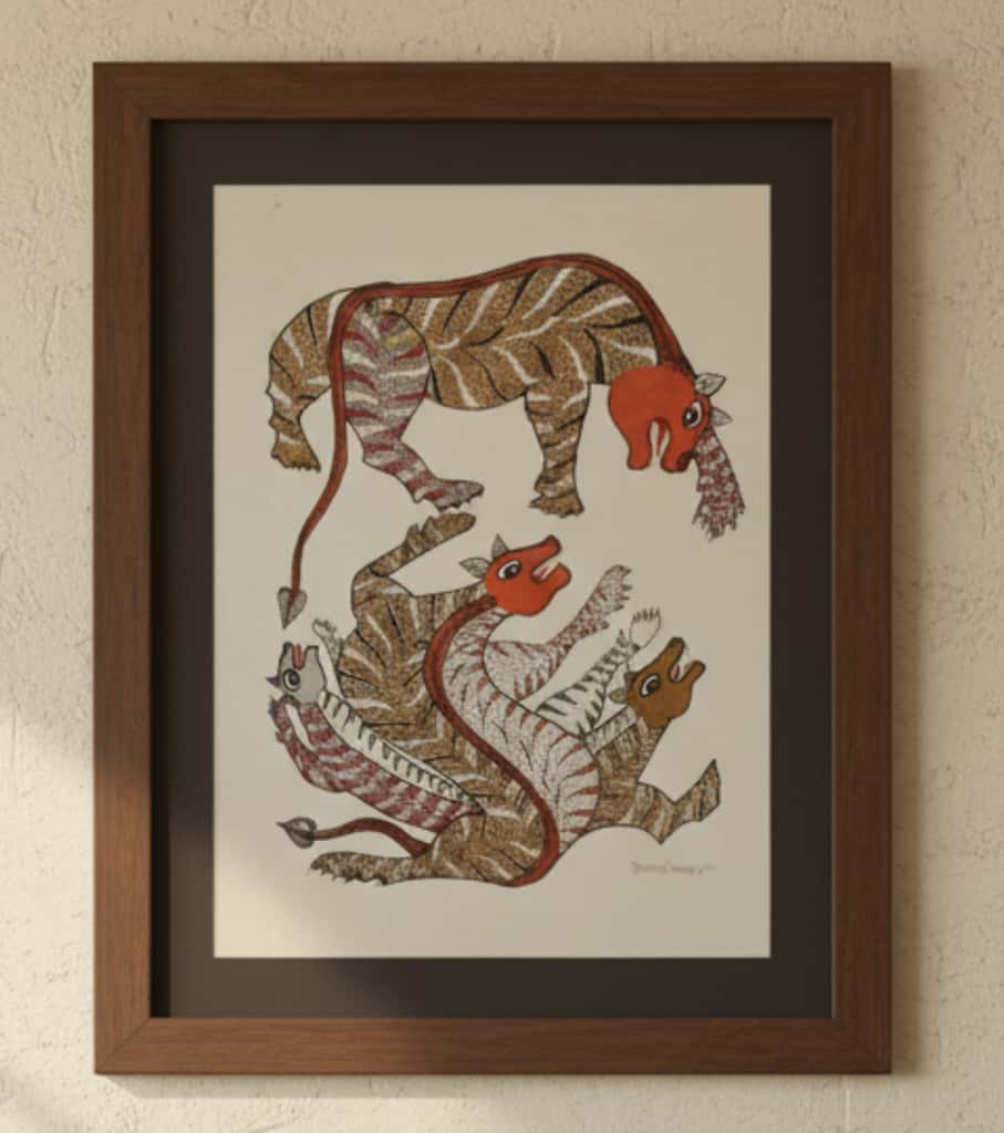 Authentic Gond Painting – Dynamic Tiger-Striped Mythical Creatures Folk Art (11 × 15 Inch)
