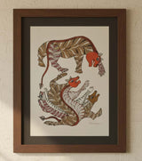 Authentic Gond Painting – Dynamic Tiger-Striped Mythical Creatures Folk Art (11 × 15 Inch)